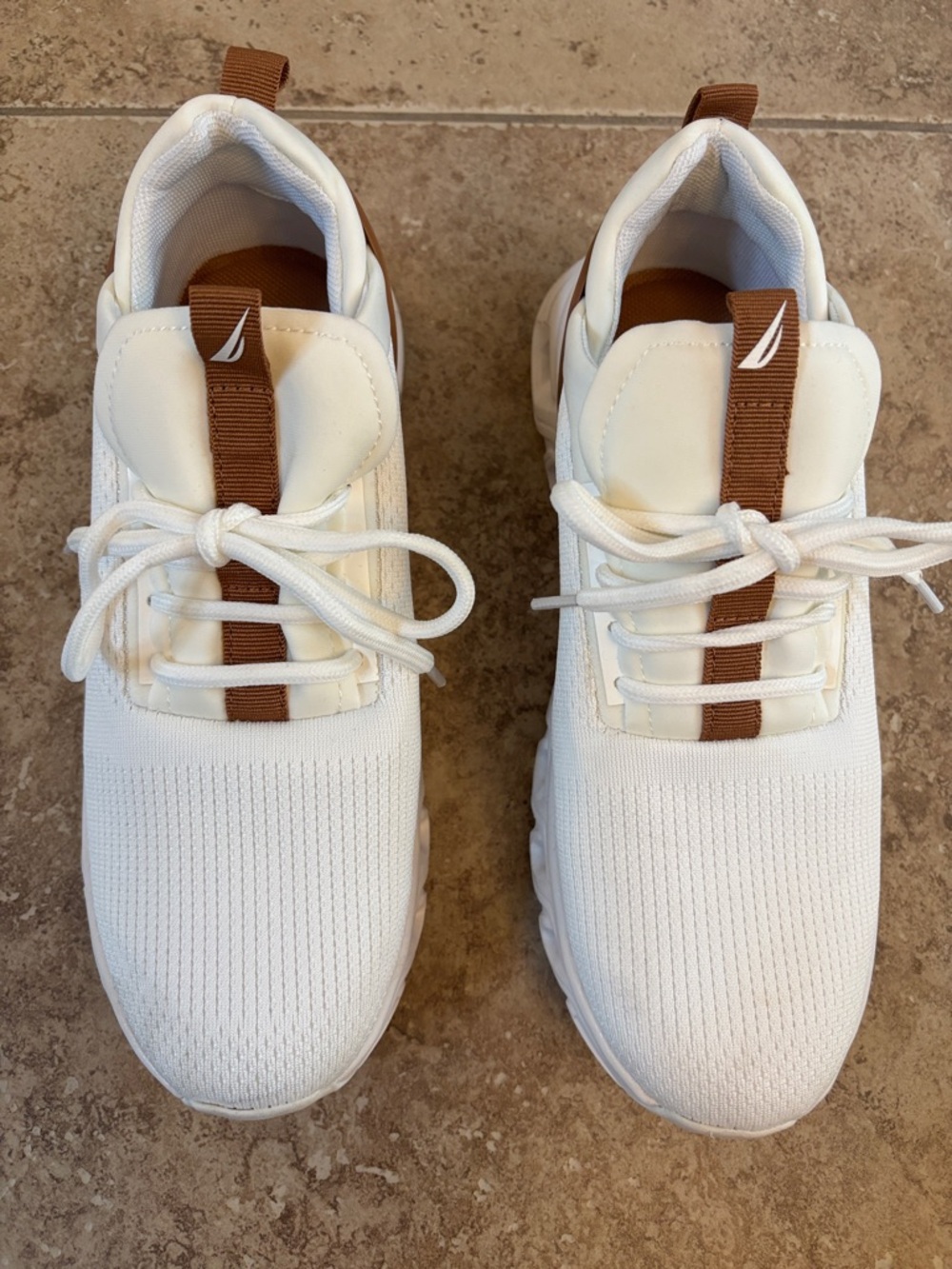 Nautica White Knit Sneakers with Brown Accent